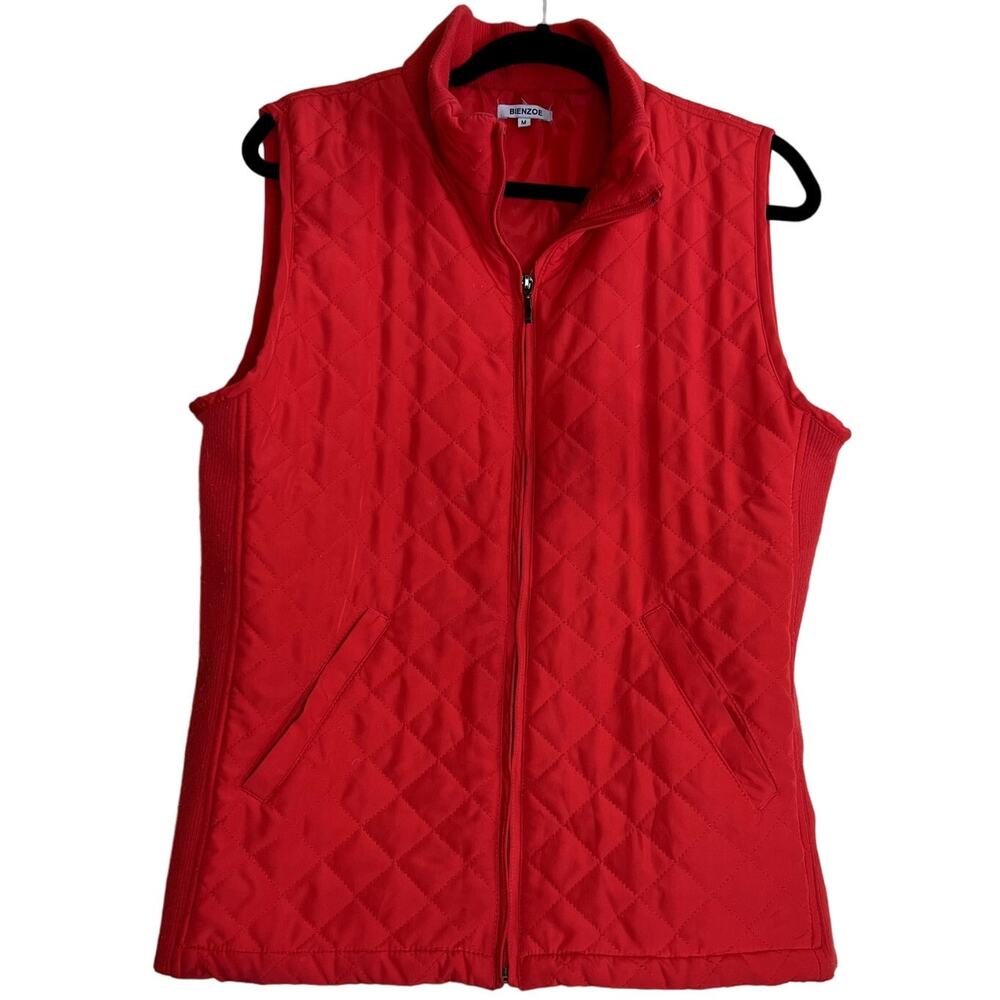 Bienzoe Quilted Puffer Vest Women Medium Red Sleeveless Fall Outerwear Jacket